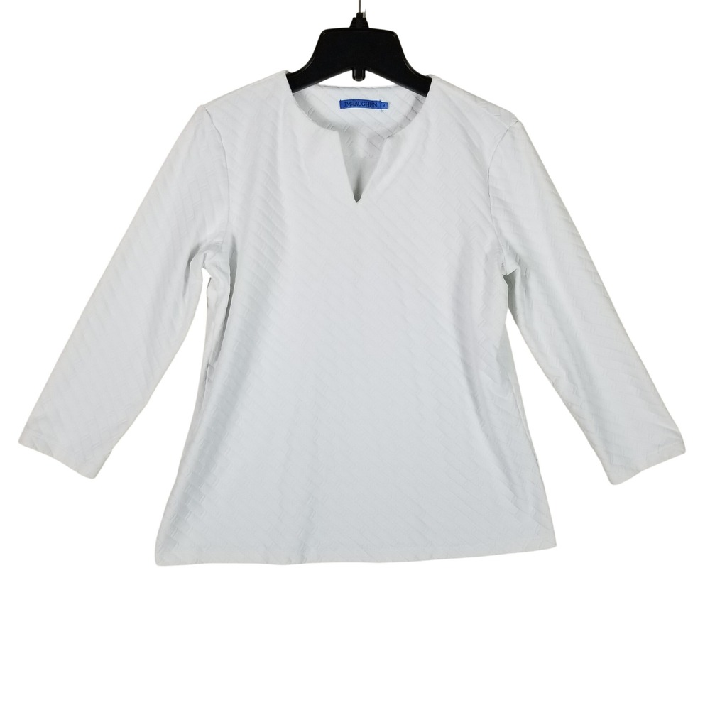 J.McLaughlin Tunic Top Womens Medium White Quilted Basketweave Split Neck 3/4